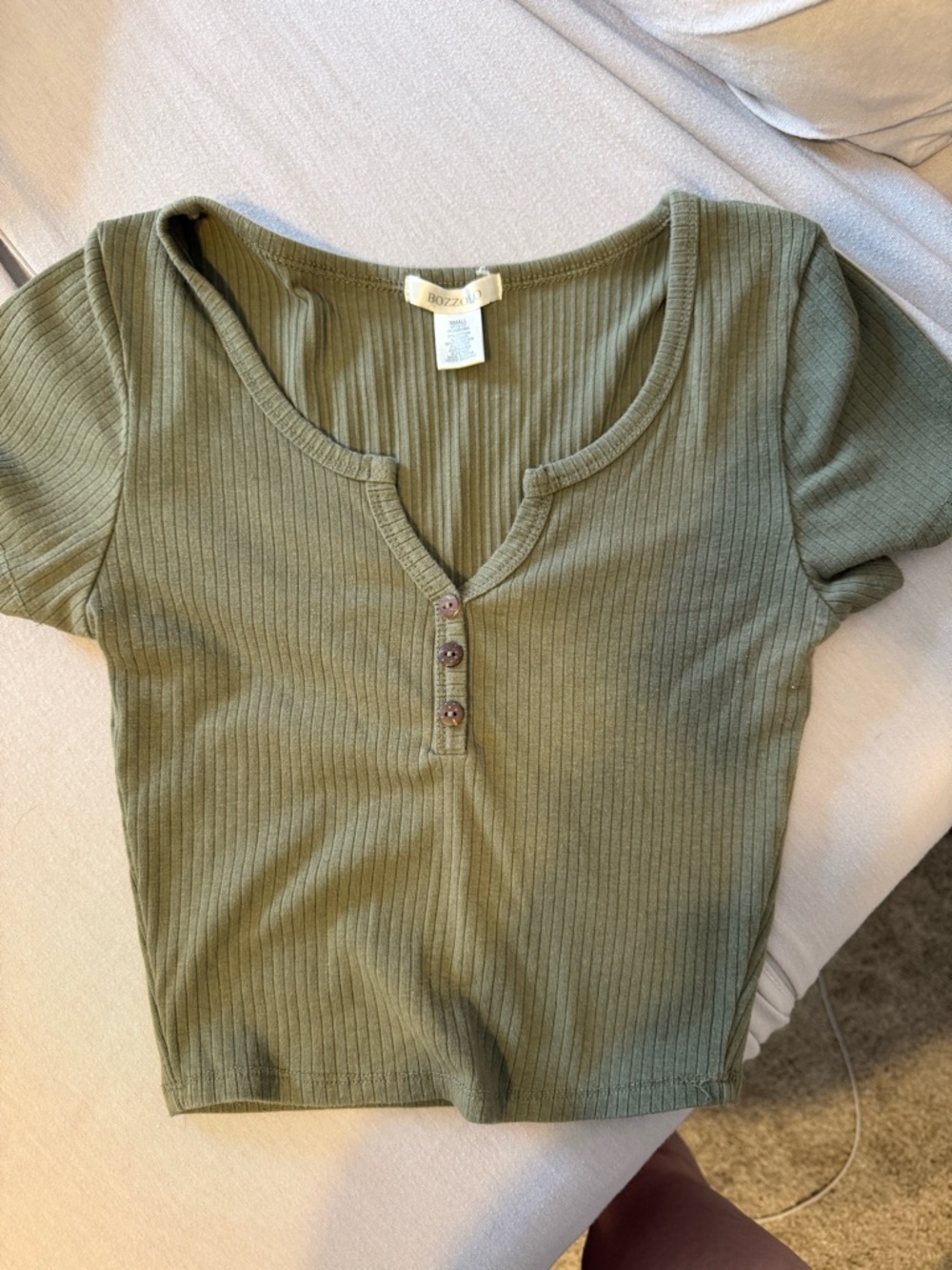 Bozzolo Olive Ribbed Scoop Neck Henley Crop Top